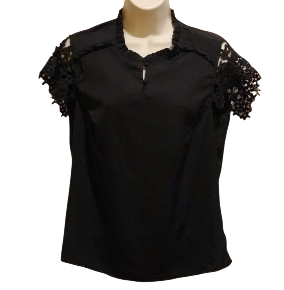 Shun Bo Women's Elegant Black Floral Lace Cap Shortsleeve Blouse Top T-Shirt